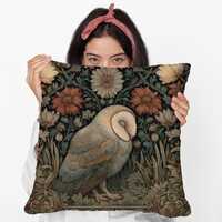 Forest Barn Owl Spun Polyester Square Pillow &ndash; William Morris Inspired Throw Pillow, Woodland 