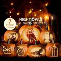 7 Owls Halloween Pumpkin Carving Stencil, Magical Night Pumpkin Clip art,Jack-o-Lantern Stencil Nigh