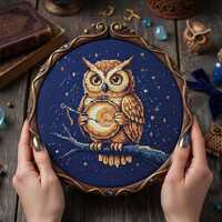 Celestial Sky Owl Cross Stitch Pattern: Owl Sewing with Moon Embroidery Starry Sky PDF Pattern