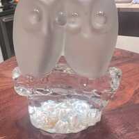 Swedish Reijmyre Crystal owl pair on log owls satin glass