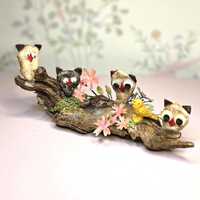 Vintage Handmade Owl Figurines on Driftwood Branch Googly Eyes Mid Century Kitsch Woodland Decor