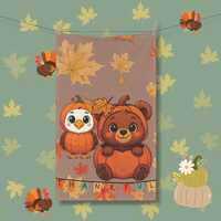 Thanksgiving Tea Towel - Cute Owl & Bear with Autumn Leaves - 18x30 Cotton-Poly Kitchen Towel fo