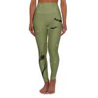 Halloween Print Yoga Leggings - Green Owl & Bat Design - High Waisted Fall Activewear