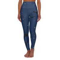 Halloween Print Yoga Leggings - Blue Owl & Bat Design - High-Waisted Fall Activewear