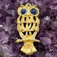 Vintage Owl Necklace | Gold Tone Openwork | Blue Glass Eyes | Retro Pendant Jewelry