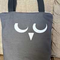 Handmade Black Canvas Tote Bag: Angry Owl, Zippered, with Pockets