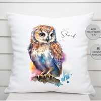 Personalised Watercolour Owl Cushion – Custom Bird Pillow,  Farmhouse Home Décor