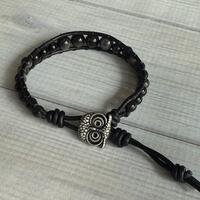 Silver Sheen Obsidian and Black Leather Owl Wrap Bracelet