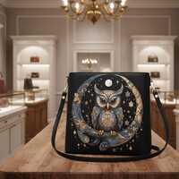 Moonlit Owl Bucket &ndash; Celestial PU Leather Crossbody, Night-Sky Gift for Her &ndash; 月バッ�