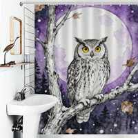 Owl Shower Curtain with Full Moon – Halloween Gothic Bathroom Decor, Witchy Home Farmhouse Sty