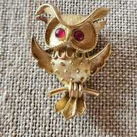 Vintage 1960s Gold-Tone Owl Brooch With Red Rhinestone Eyes Pin/Pendant