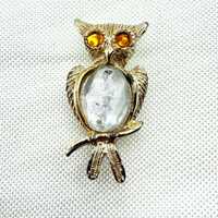 Vintage Gold Tone Owl Brooch w/ Orange Eyes and Clear Belly | Owl Lover Pin | Light Wear | Comes w/ 