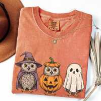 Spooky Owl Halloween Shirt, Retro Pumpkin Witch Ghost Comfort Colors Tshirt, Funny Animal Lover Gift