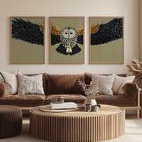 Retro Vintage Owl, Green 3 Three Piece Set of Wall Art, Printable Digital Download