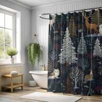 Woodland Animals Shower Curtain, Forest Deer Owl Rabbit Bath Decor, Cottagecore Bathroom