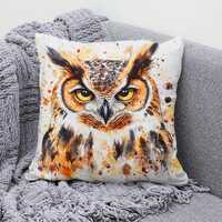 Owl Pillow Cover Watercolor Owl Art Cotton Linen Cushion Nature Decor