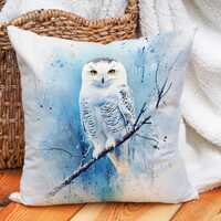 Snowy Owl Cushion Cover, Watercolor Wildlife Decorative Throw Pillow, Scandinavian Nature Art, Calm 