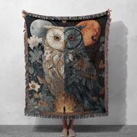 Mystical Owl And Moon Woven Blanket 100% Cotton, Animal Nature Lover Woven Blanket, Spiritual Wildli