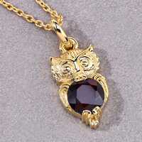 Garnet Owl Necklace, Gold Plated Silver Owl Pendant, Bird Pendant, Art Deco Pendant, Gothic Jewelry,