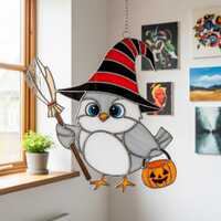 Halloween Owl Stained Glass Suncatcher, Owl With Witch Hat and Pumpkin Bucket Hanging Decor, Cute Sp
