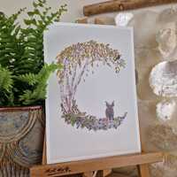 Samhain Crescent Moon A5 Art Print: Owl Wild Boar Watercolour Folklore Art