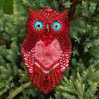 Beaded owl pin embroidered bird brooch handmade jewelry unique gift red and brown owl made in Ukrain