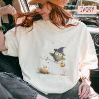 Whimsical Witch Owl Flying on a Broom Cute Halloween Tee & Long Sleeve Shirt, Seasonal Autumn Ap