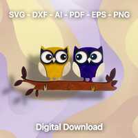 SVG Key Holder File, Cute Owls on Branch, Laser Cut Vector Design