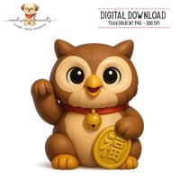 Lucky Owl Digital Download PNG, Maneki Neko Owl, Japanese Digital Art, Kawaii Owl Art, Cute Animal P