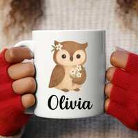 Personalized Owl Mug, Kids Name Ceramic Coffee Cup, Woodland Animal Gift