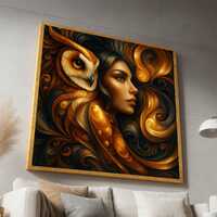 Mystical Woman and Owl Canvas, Golden Swirl Abstract Art, Surreal Animal Portrait Wall Art, Modern H