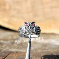 Silver Owl Ring, Pink Ruby Ring, 925 Sterling Silver Ring, Handmade Ring, Silver Gemstone Ring, Ever
