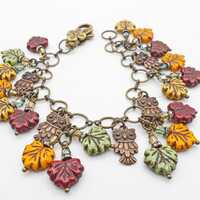 Owl Charm Bracelet, Autumn Leaf Jewelry, Czech Glass & Handmade Brass, Adjustable Gift for Her.