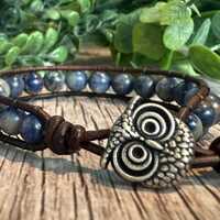 Sodalite Gemstone Bracelet, Healing Stone Jewelry, Owl Button, Genuine Leather Cord Bracelet, Owl Lo
