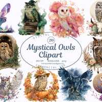 Mystical Owl Clipart Collection, Fantasy Owls 20 PNG Magical Illustrations, Ethereal Watercolor Styl
