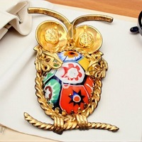 Vintage 12K Gold Filled Millefiori Owl Brooch, Mid Century Bird Jewelry