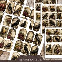 Vintage Ravens & Owls Ephemera Pack, Gothic Junk Journal Tags, Dark Nature Printable , Antique B