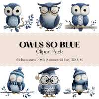 Charming Blue Owls Nursery/Kids Clipart - Watercolor PNGs Transparent Backgrounds - Cute Whimsical D