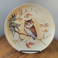 Vintage Japanese Owl Plate, Hand Painted Bird Ceramic Wall Art