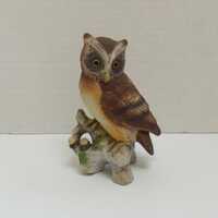 Lefton Vintage Ceramic Owl Figurine, Horned Owl Figurine, Lefton Owl on Branch, Lefton Brown Owl, Au