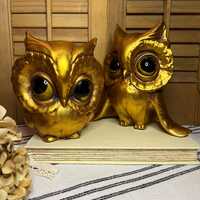 gold gilt MCM Chalkware owl pair 1960s 1970s