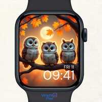 Autumn Owls Apple Watch Wallpaper: Cozy Moonlight Art (Digital Download)
