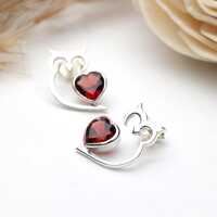 Garnet Heart Owl Earrings • 925 Sterling Silver Studs • Red Gemstone Owl Jewelry • Ha