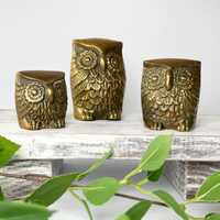Set of Three Vintage Solid Brass Owls, Collectible brass animal figurines, MCM home accent decor