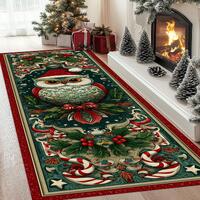 Santa Owl Runner Rug: Whimsical Holiday Design, Festive Candy Canes, Red Green Christmas Decor