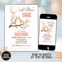 Owl Birthday Invitation Girl: Look Whooo’s ONE Editable First Birthday Invite with Woodland An