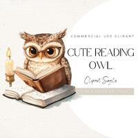 Watercolour Owl Reading Clipart &ndash; Cute Owl PNG with Candle & Glasses | Cozy Autumn Animal 