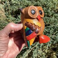 Painted wooden owl figurine.  Small vintage hand carved painted wooden owl figurine.