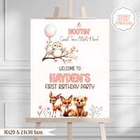 Owl Birthday Welcome Sign: Pink Woodland Animals (Editable, Printable)