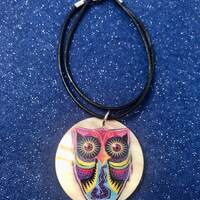 Colorful Shell Owl Necklace: Black Leather Cord Jewelry